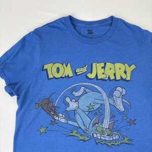 Tom and Jerry Cartoon Graphic T Shirt Blue Short Sleeve Crew Neck‎ Top Size S